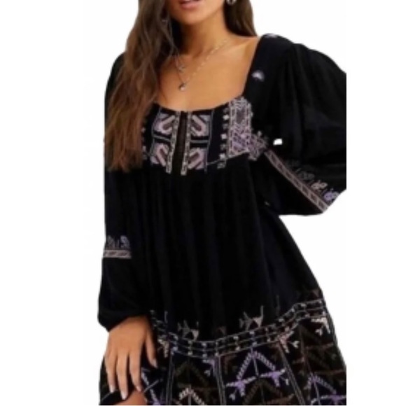 Free People Rhiannon Peasant Embroidered Mini Dress Size Small - Picture 2 of 9
